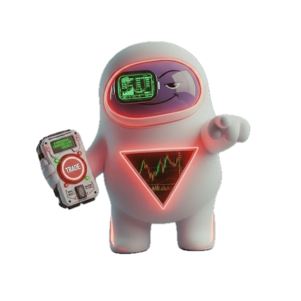 Agent IA 3D Apex équipé d'un monocle d'analyse boursière et d'un contrôleur de trading, affichant un graphique de marché sur son interface centrale.
