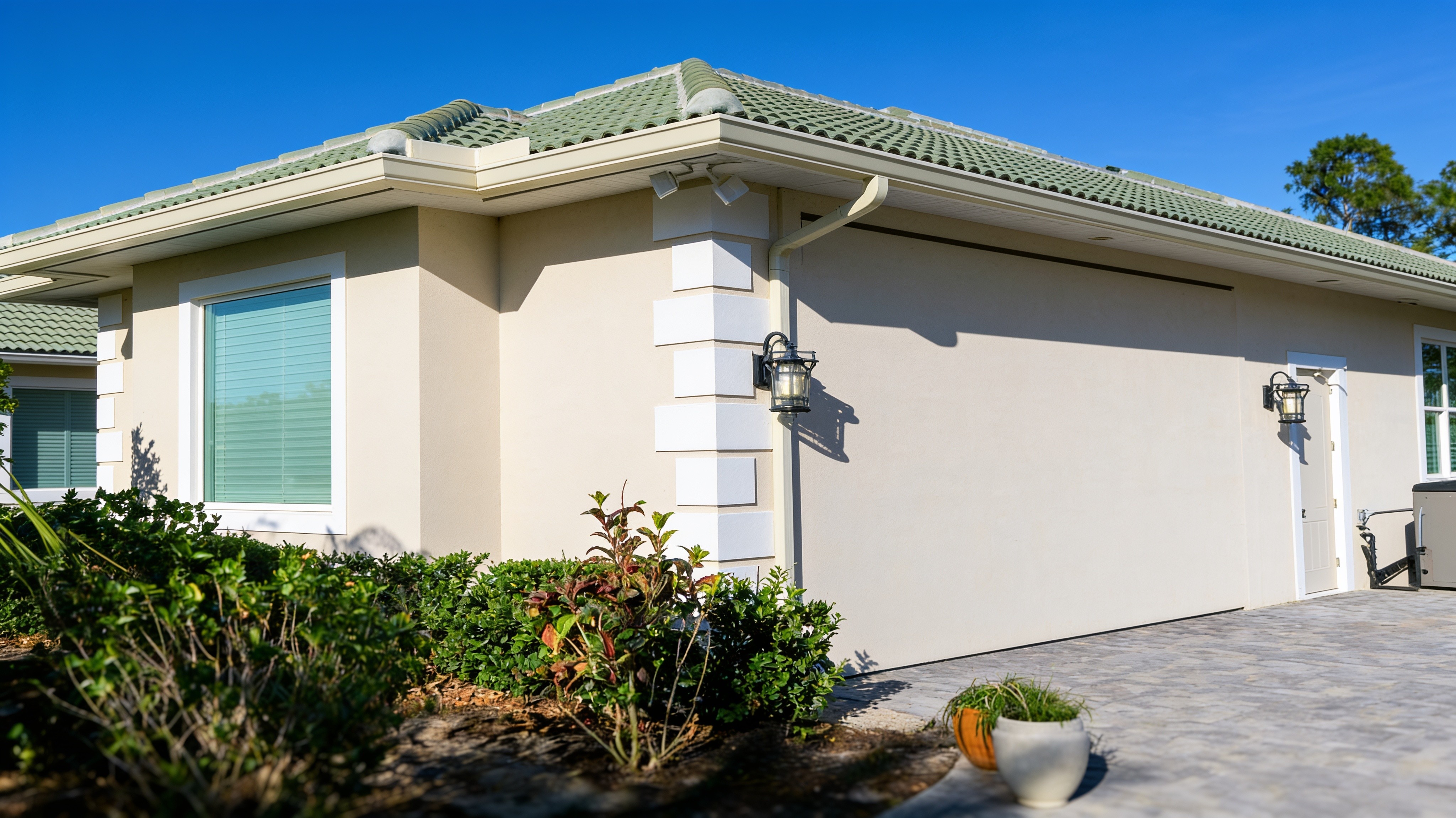 Stucco home with a concealed cylinder garage door partly open