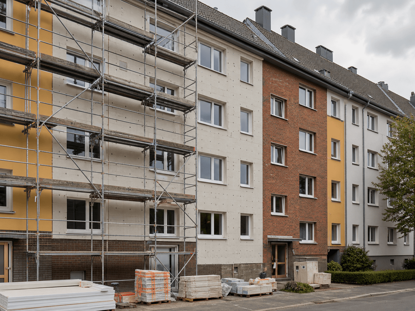 Typisches deutsches Mehrfamilienhaus während der energetischen Sanierung