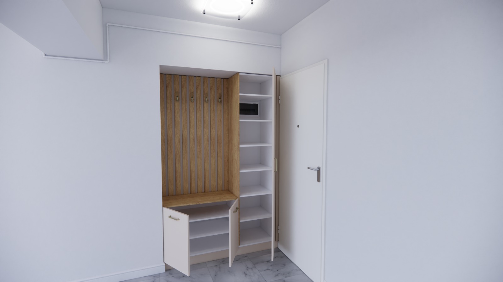 Nișă de hol cu riflaj vertical din lemn, dulap alb cu polițe și unitate joasă cu sertar.