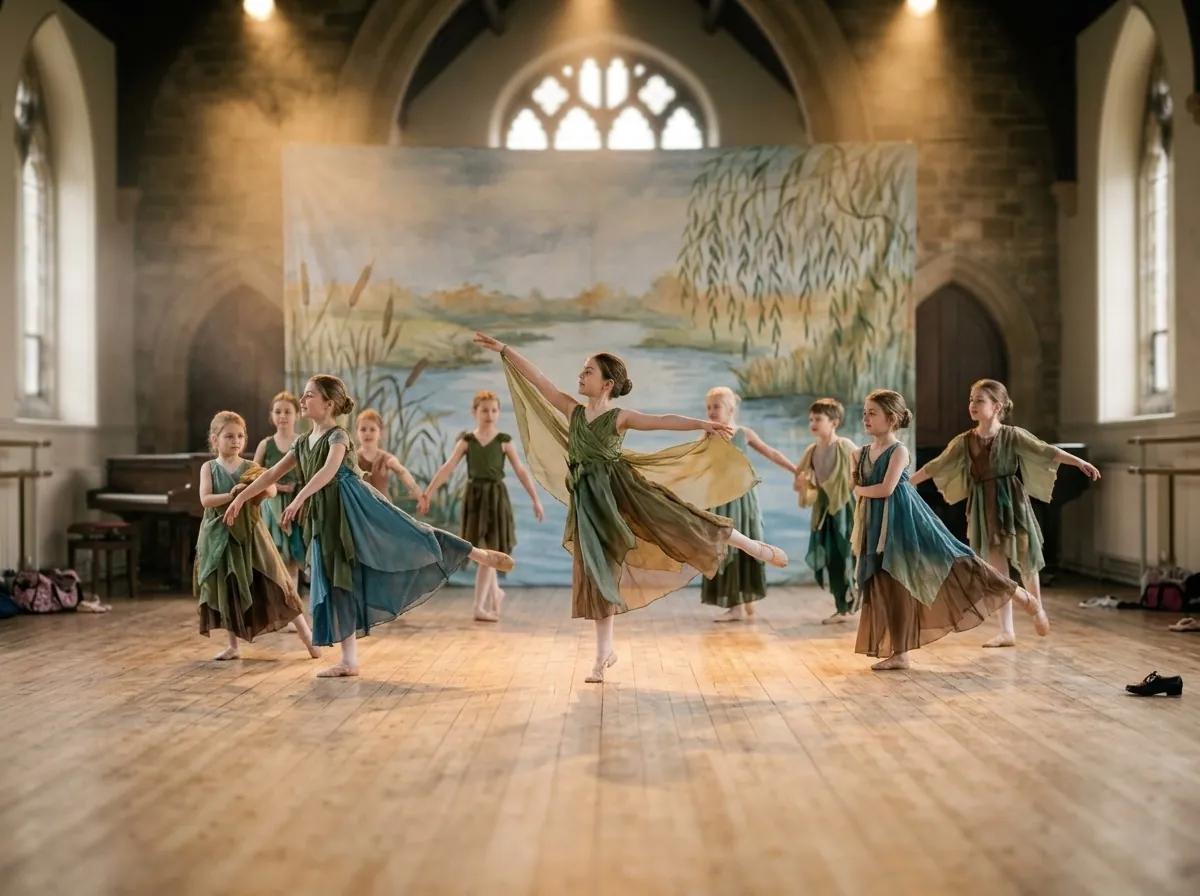 Children in green and blue river costumes dancing in front of a painted river backdrop
