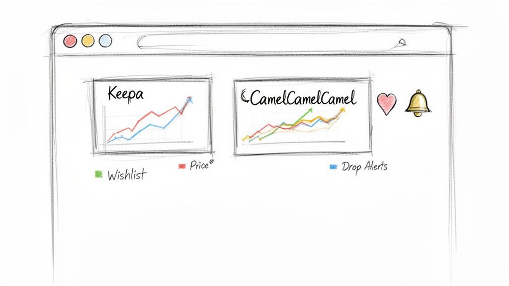 Sketch of a browser extension showing price tracking graphs from Keepa and CamelCamelCamel, with wishlist and alert features.