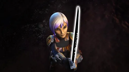 Sabine Wren holding the Darksaber in front of her