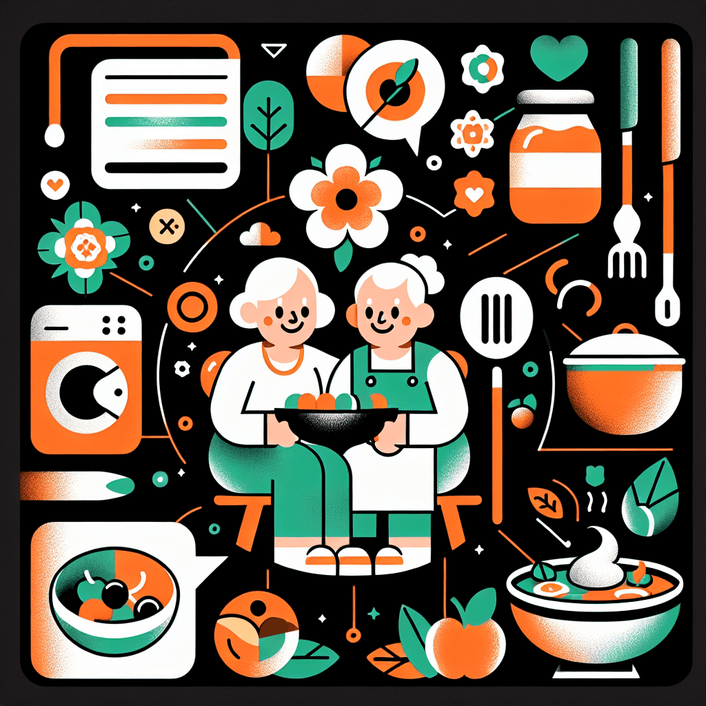 Illustration zweier älterer Personen, die gemeinsam in einer Küche sitzen und ein Gericht zubereiten. Um sie herum sind Kochutensilien, Blumen, Obst, Rezeptkarten und Haushaltsgegenstände dargestellt – in einem nostalgischen, verspielten Stil mit Fokus auf Familiensinn und gemeinsames Kochen.