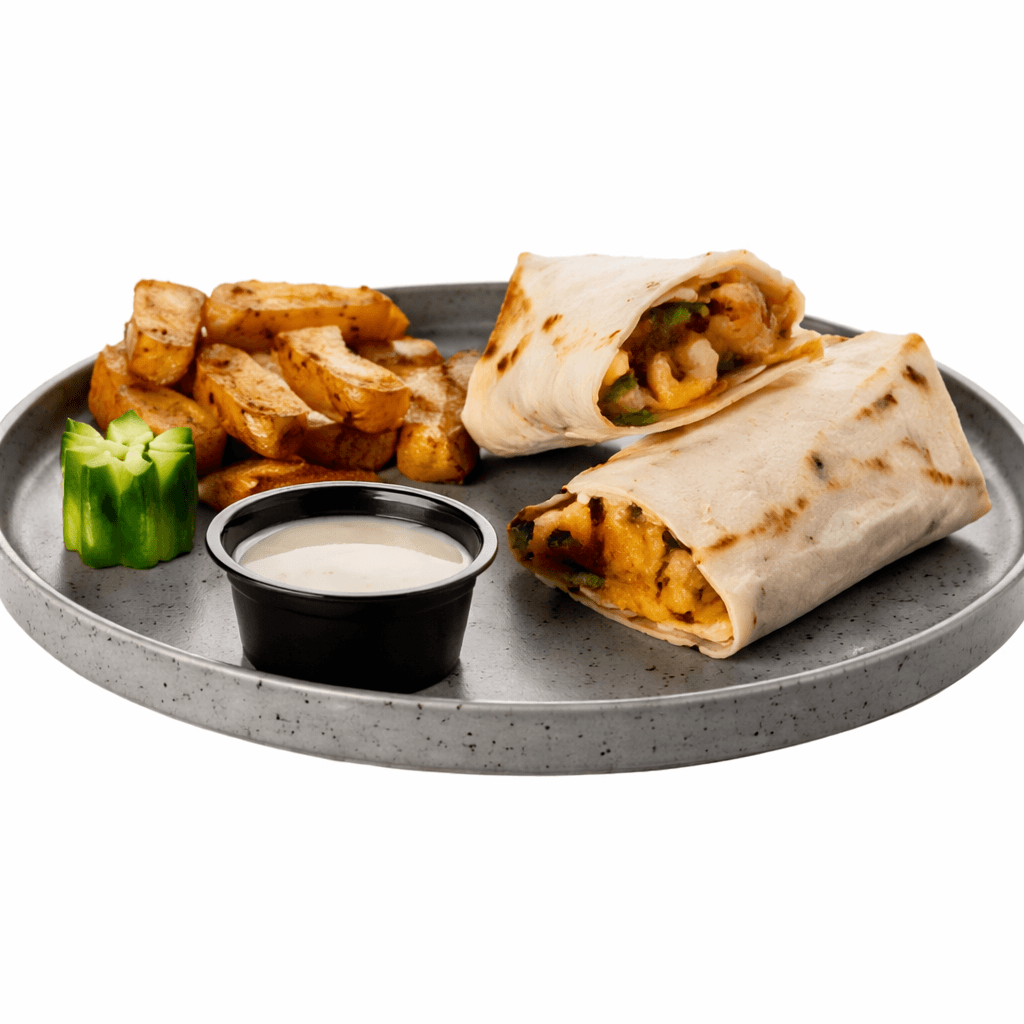 Close-up of a delicious-looking wrap, filled with richly seasoned meat and fresh vegetables, served on a white plate with extra onion and parsley garnishes.