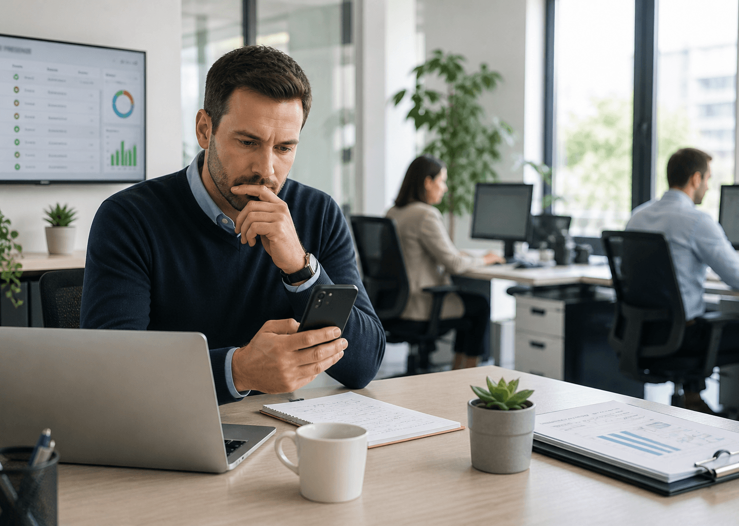 Un responsabile delle risorse umane in ufficio consulta con espressione concentrata il proprio smartphone e il computer portatile. Sullo sfondo, un monitor mostra una dashboard di analisi delle presenze, rappresentando la necessità di un monitoraggio tempestivo per gestire correttamente le assenze ingiustificate e mantenere l'efficienza operativa.