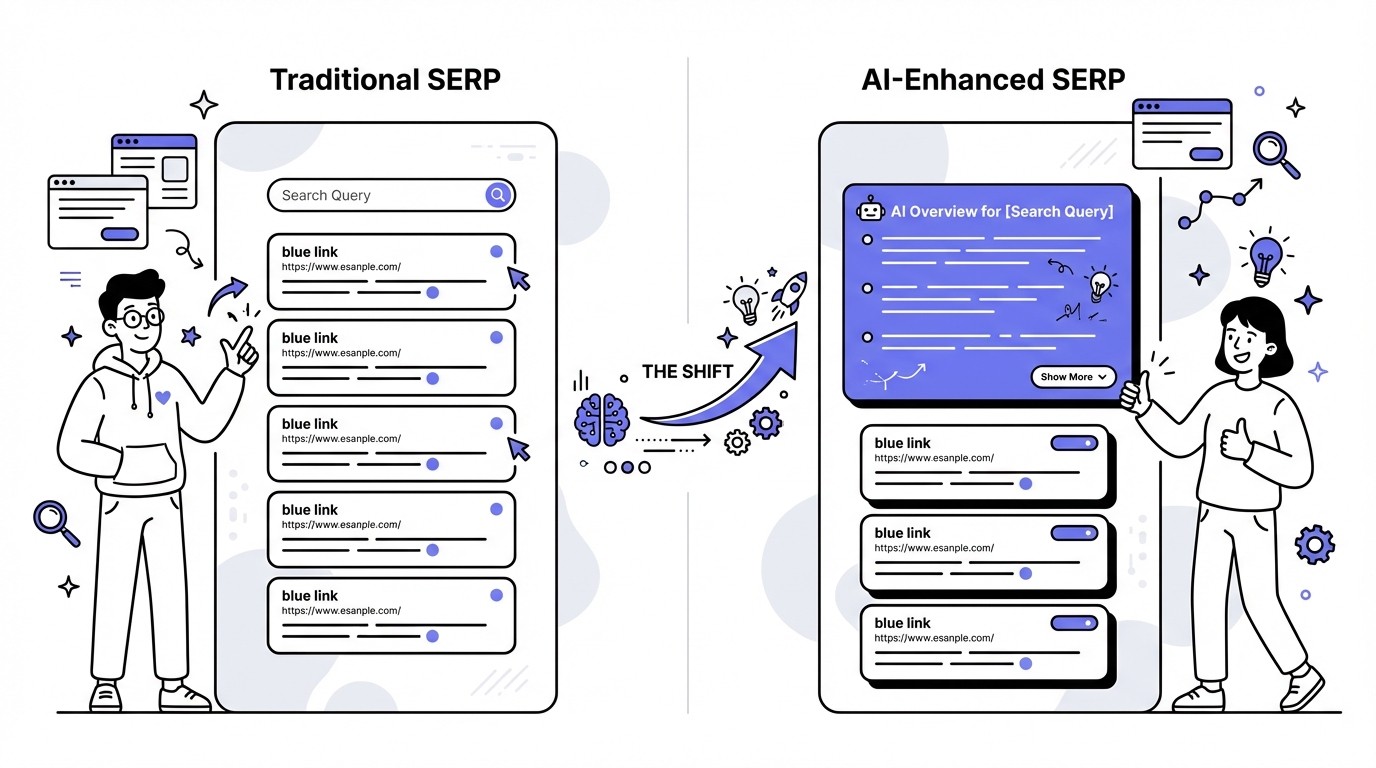 Diagram showing the evolution of Google Search Results Pages (SERPs). The left panel displays a traditional SERP with a search bar and multiple blue-link organic results. The right panel shows an AI-enhanced SERP, prominently featuring a large 'AI Overview' section at the top with AI-generated content, followed by organic results below it. An arrow in the center indicates 'The Shift'.