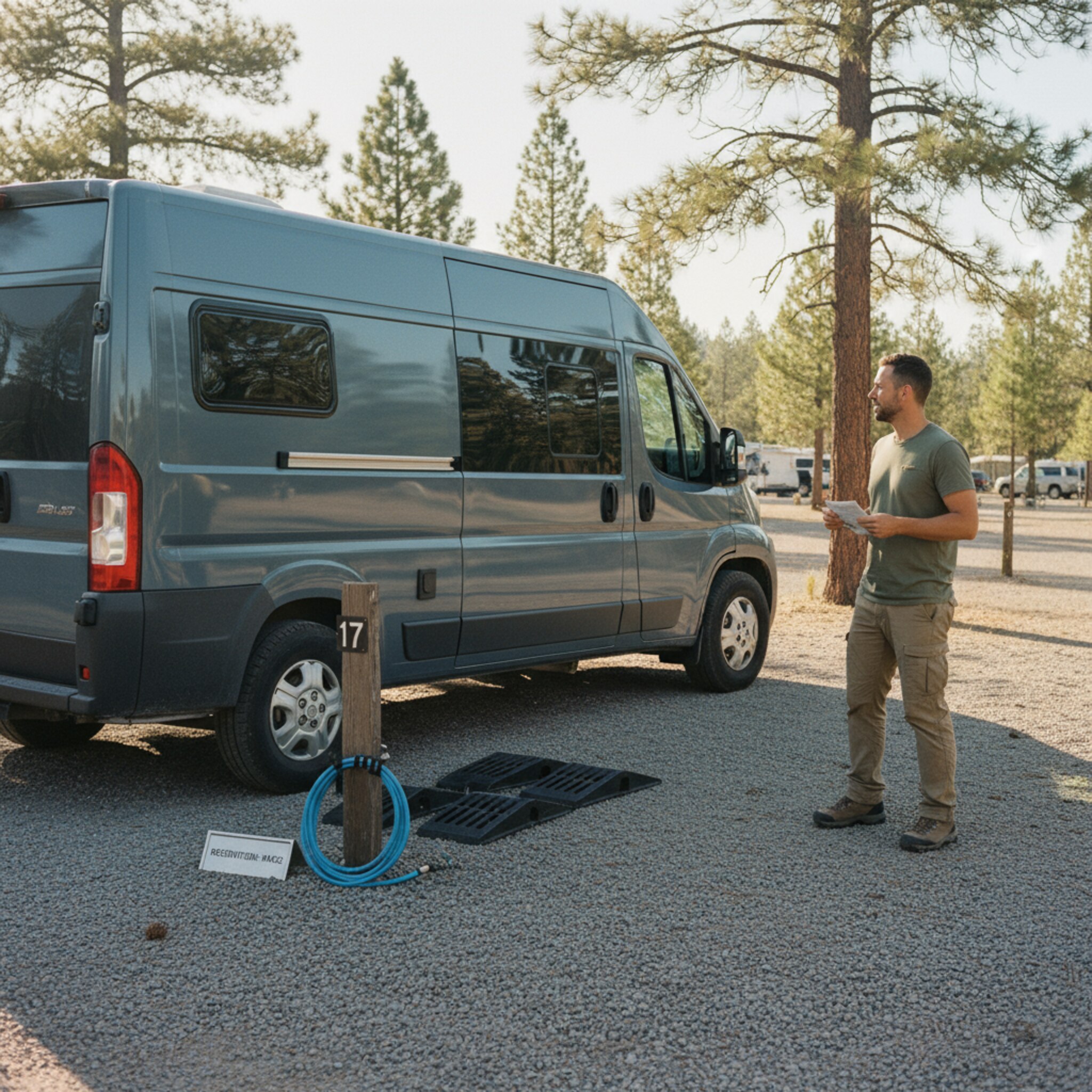 Ein Camper parkt auf einem nummerierten Stellplatz, ein Klappschild mit der Reservierungsnummer steht diskret am Rand. Neben dem Fahrzeug liegen ordentliche Auffahrkeile und ein aufgerollter Wasserschlauch. Ein Schatten von Pinien fällt über den Boden, die Luft wirkt warm und klar.