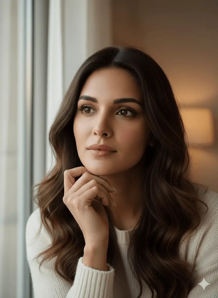 AI-generated modern casual female portrait with warm golden-orange background, professional headshot with relaxed pose and hand gesture, everyday lifestyle portraiture demonstrating portrait versatility by Mahendra