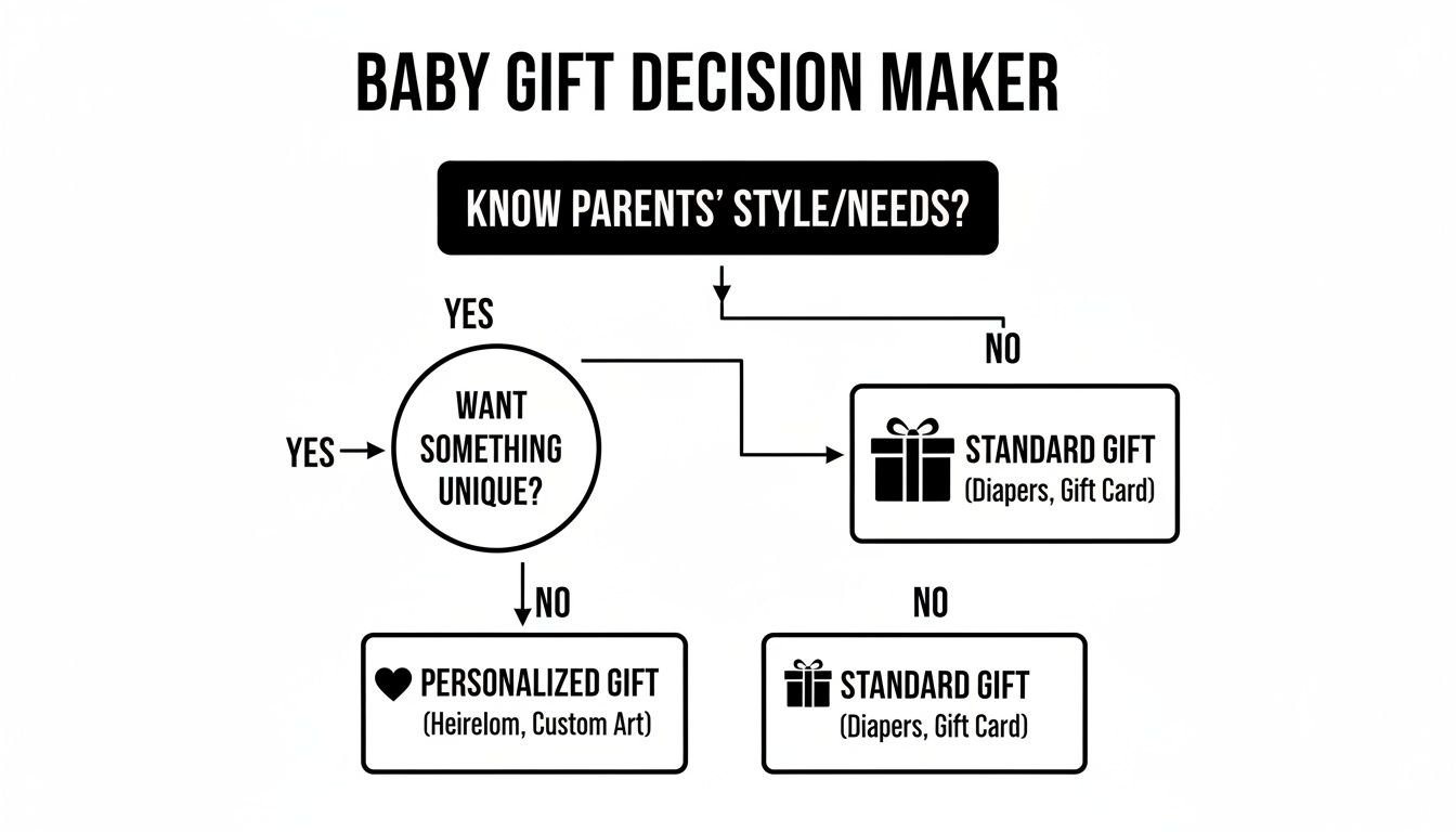 A flowchart titled 'Baby Gift Decision Maker' guiding on choosing between standard or personalized gifts.