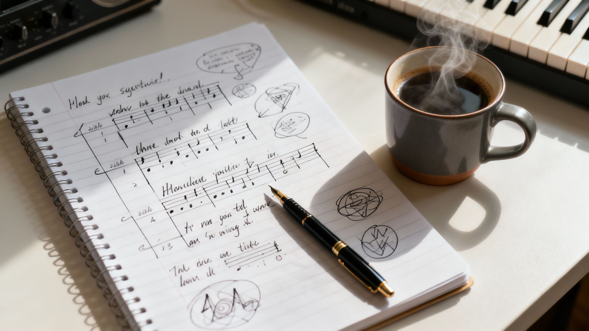 A musician writing multi-syllable rhymes in a notebook, focused and in a creative flow.