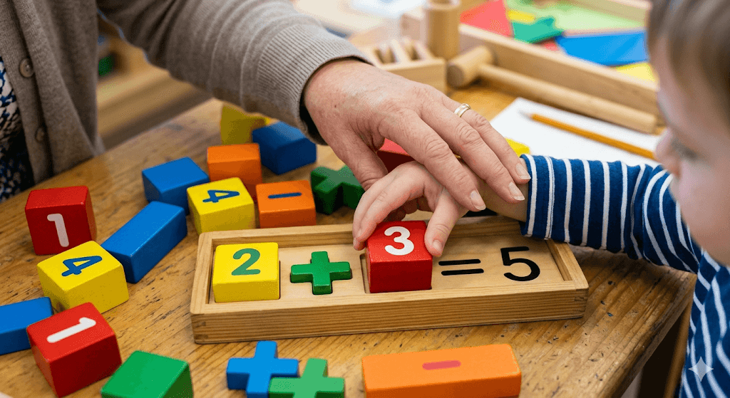 A close-up, top-down view of a teacher’s hand guiding a student’s hand as they use colorful tactile learning blocks to solve a math problem. The focus is on the connection and the specialized learning tools. Soft textures, vibrant primary colors, educational setting.