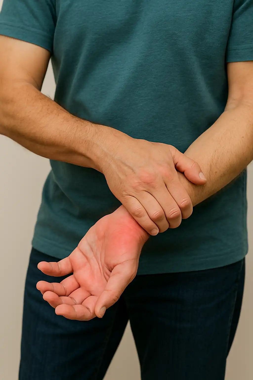 A man holding his red, inflamed wrist in discomfort, showing symptoms of a wrist sprain or muscle strain.