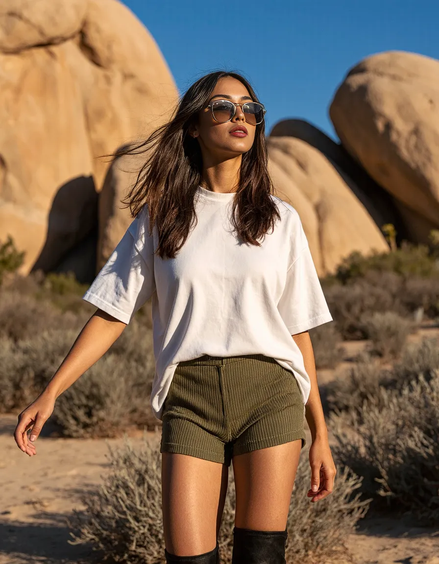 Fashion photography in desert setting featuring stylish outfit with white t-shirt and olive shorts against dramatic sandstone rock formations