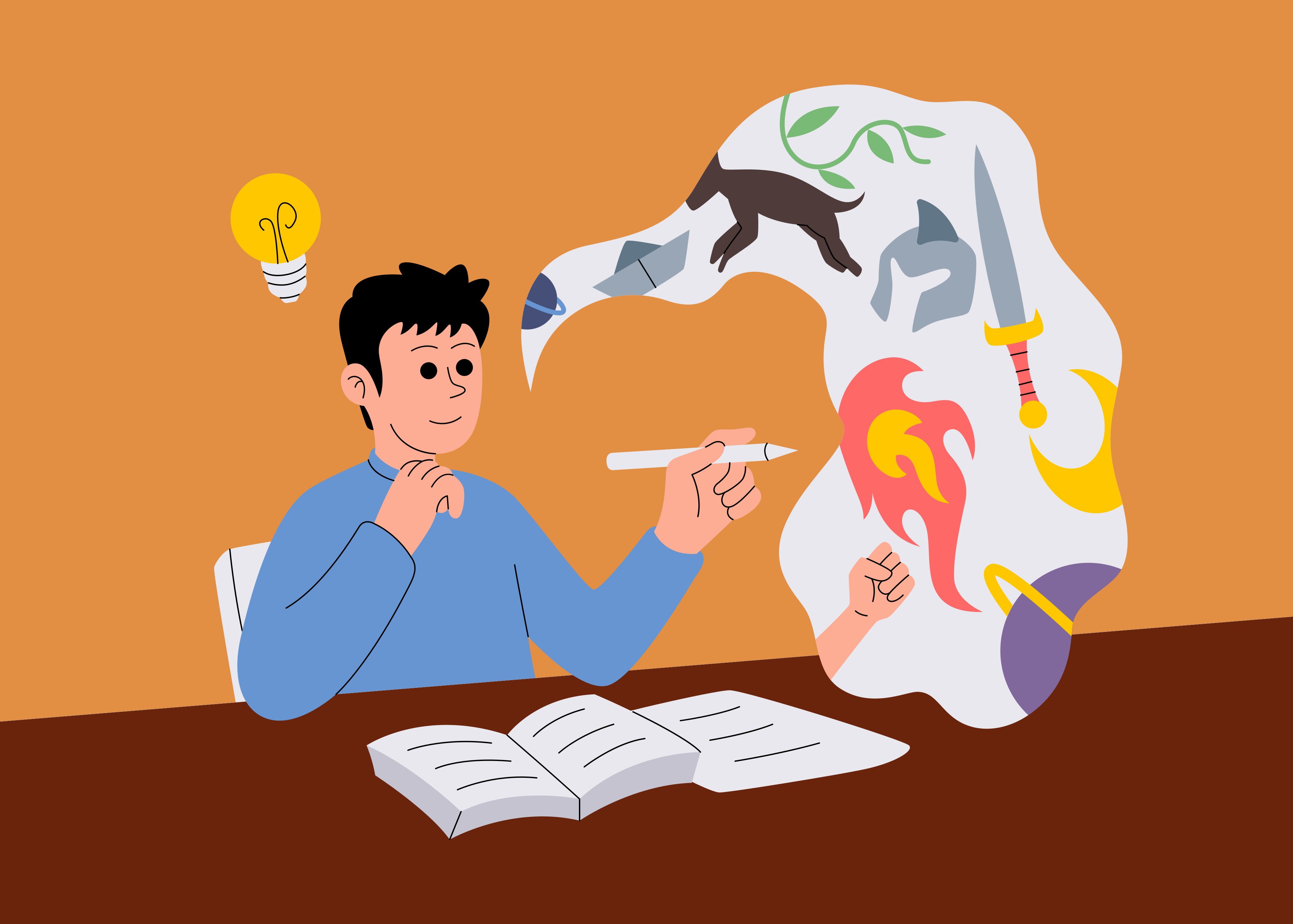 A person thinking, with a pen in hand