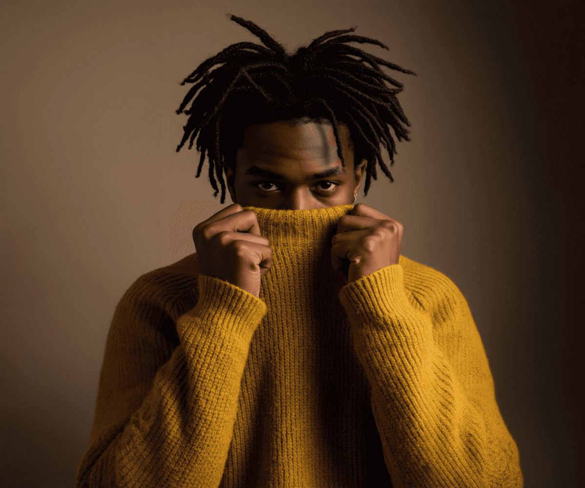 A person with dreadlocks wearing a mustard yellow sweater pulls the collar up to their nose, creating a cozy and mysterious atmosphere against a neutral background.