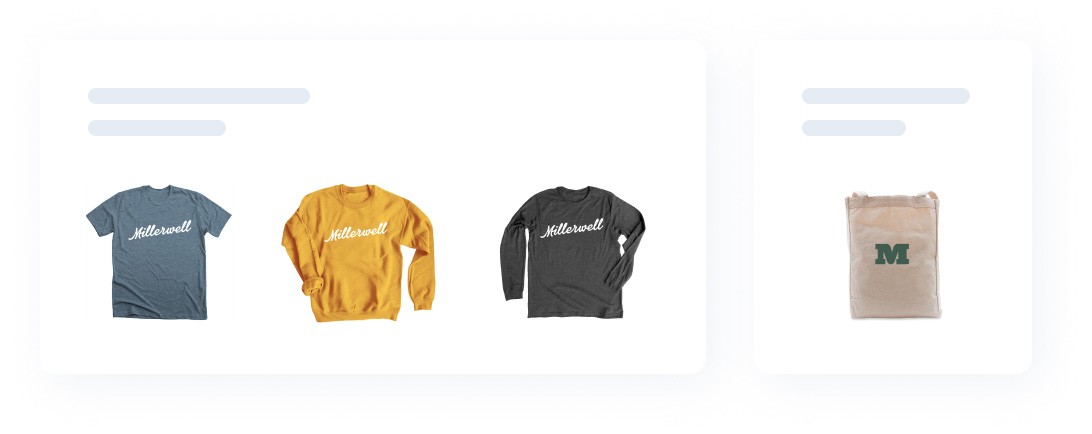 Three shirts and a tote bag with the word "Midwest" or the letter "M" on them.