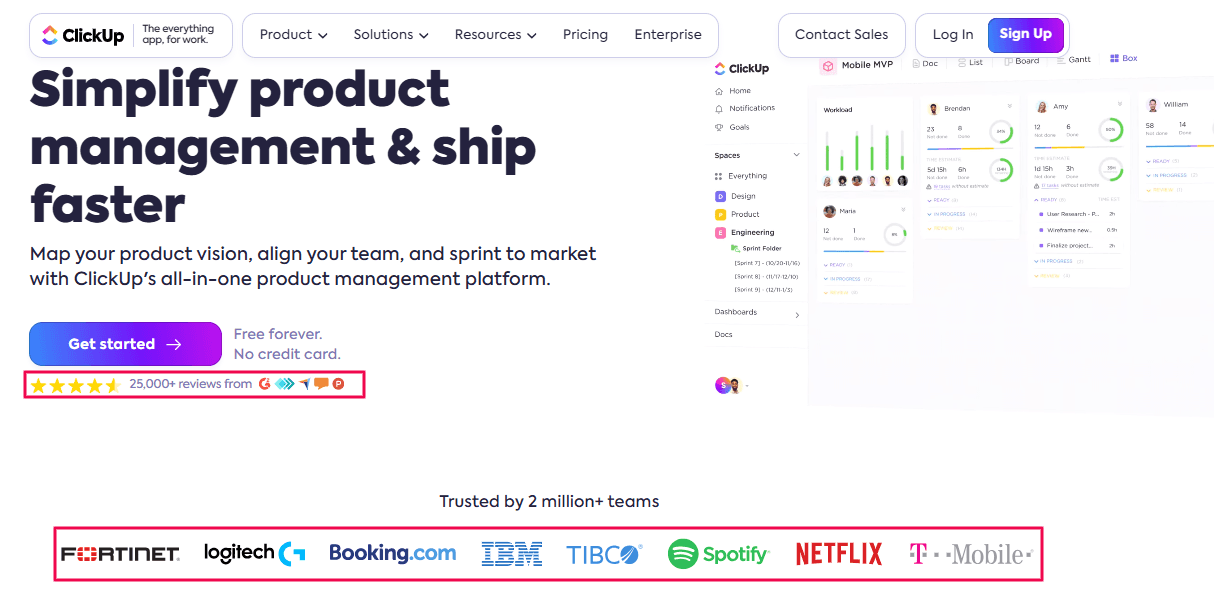 ClickUp landing page optimization: use of trust indicators