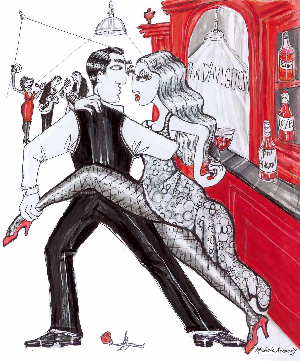 Original artwork by Michelle Kennedy — a romantic illustration of Pain d'Avignon restaurant with live music, cocktails and the iconic red bar