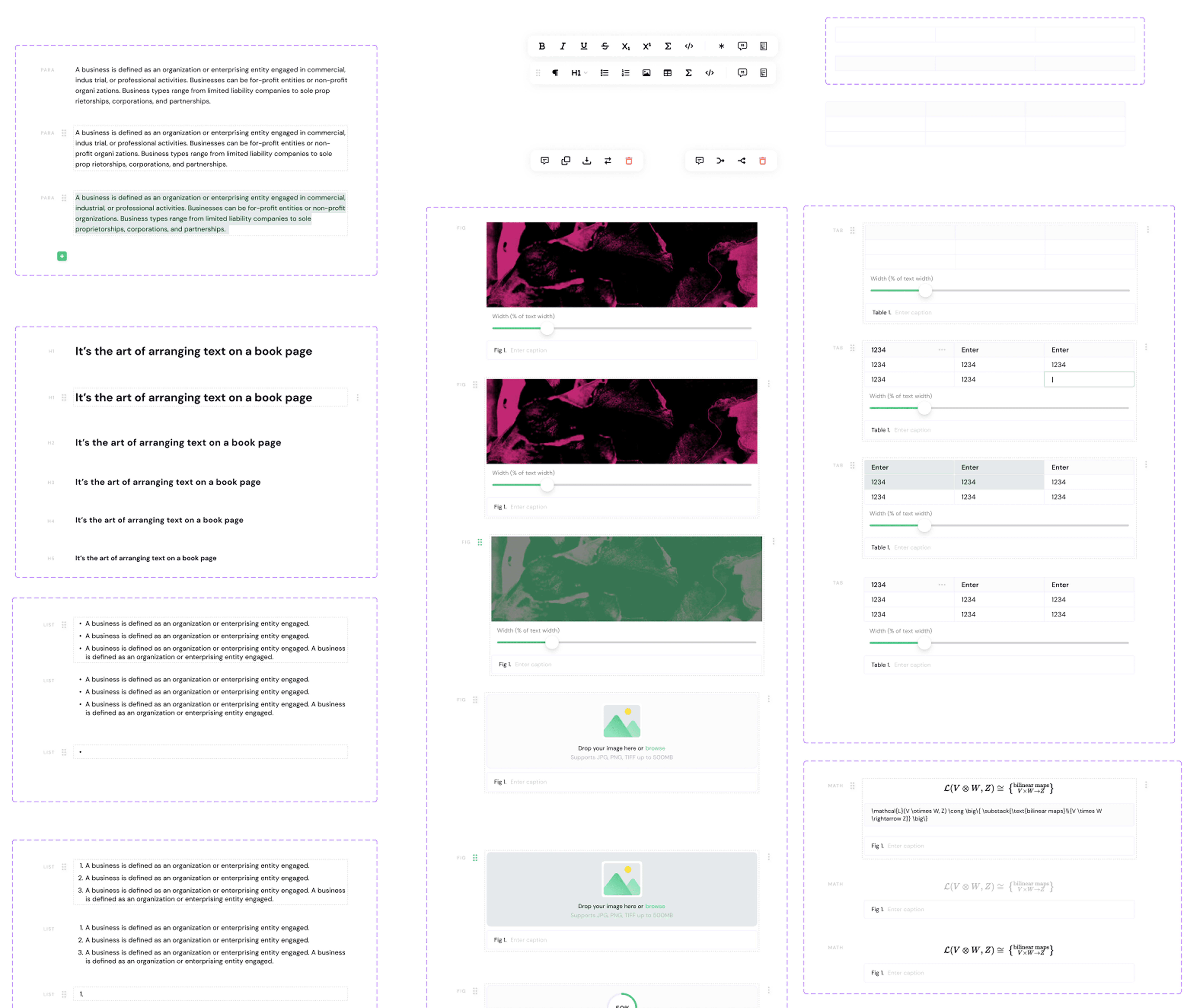Papermill design system components: text blocks, formatting toolbar, image handling states, table layouts, and mathematical equations