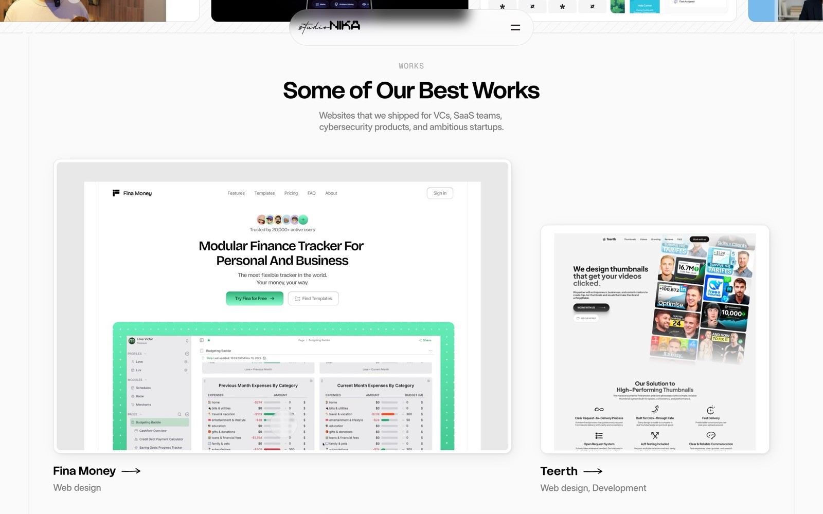 A portfolio webpage featuring "Some of Our Best Works" with project thumbnails, including "Modular Finance Tracker" and "Teerth".