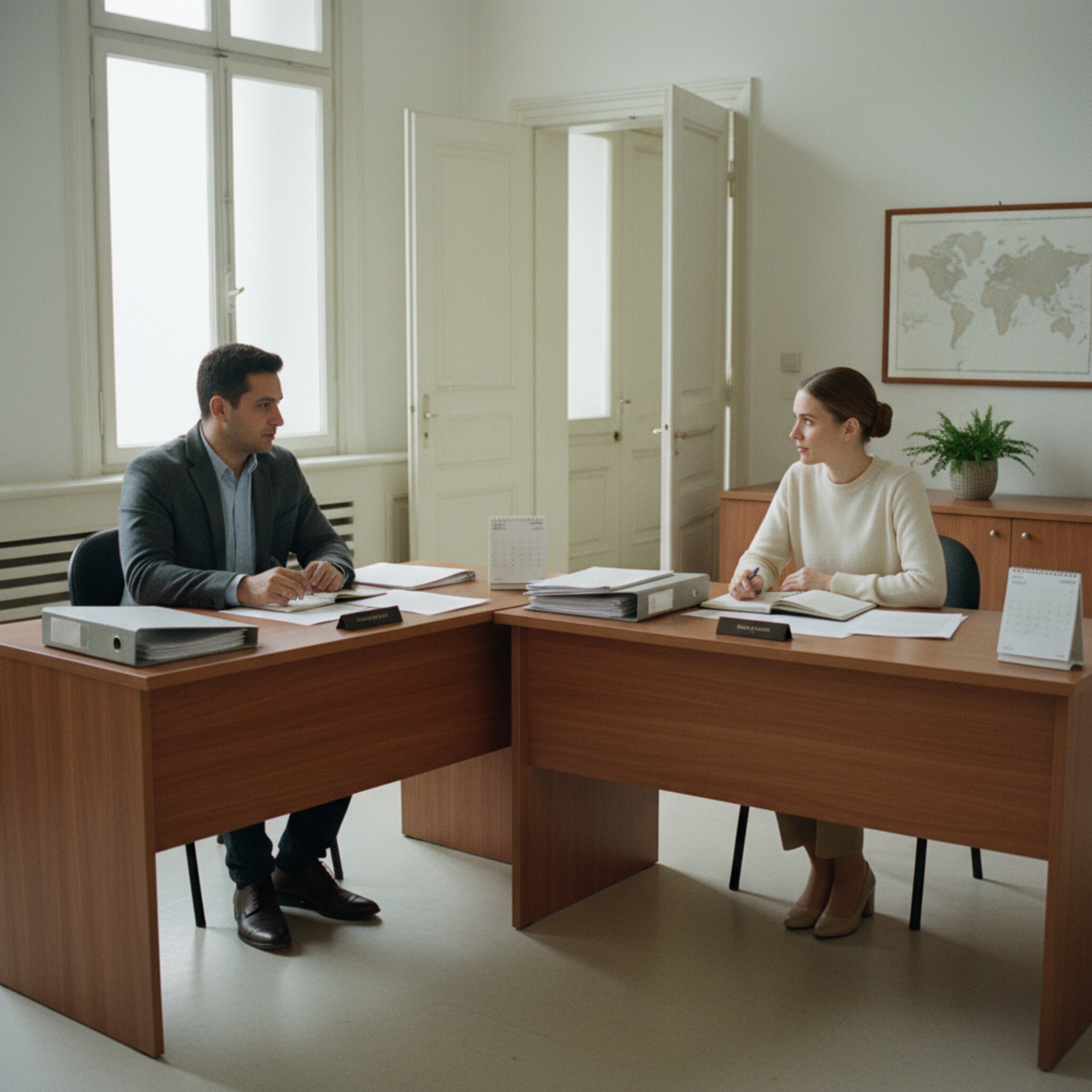 In einem stillen Büroraum sitzen zwei Mitarbeitende an getrennten Schreibtischen und besprechen diskret Zugangsregeln. Ordner liegen sortiert bereit, die Tür ist angelehnt. Die Szene vermittelt Verantwortlichkeit, klare Rollen und sorgfältigen Umgang mit sensiblen Vorgängen, ohne sichtbare Technik oder Monitore.