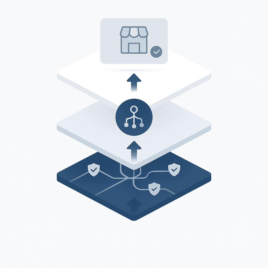 Layered graphic of compliance layer, AI retry engine with multi-gateway routing, and merchant platform outputs.