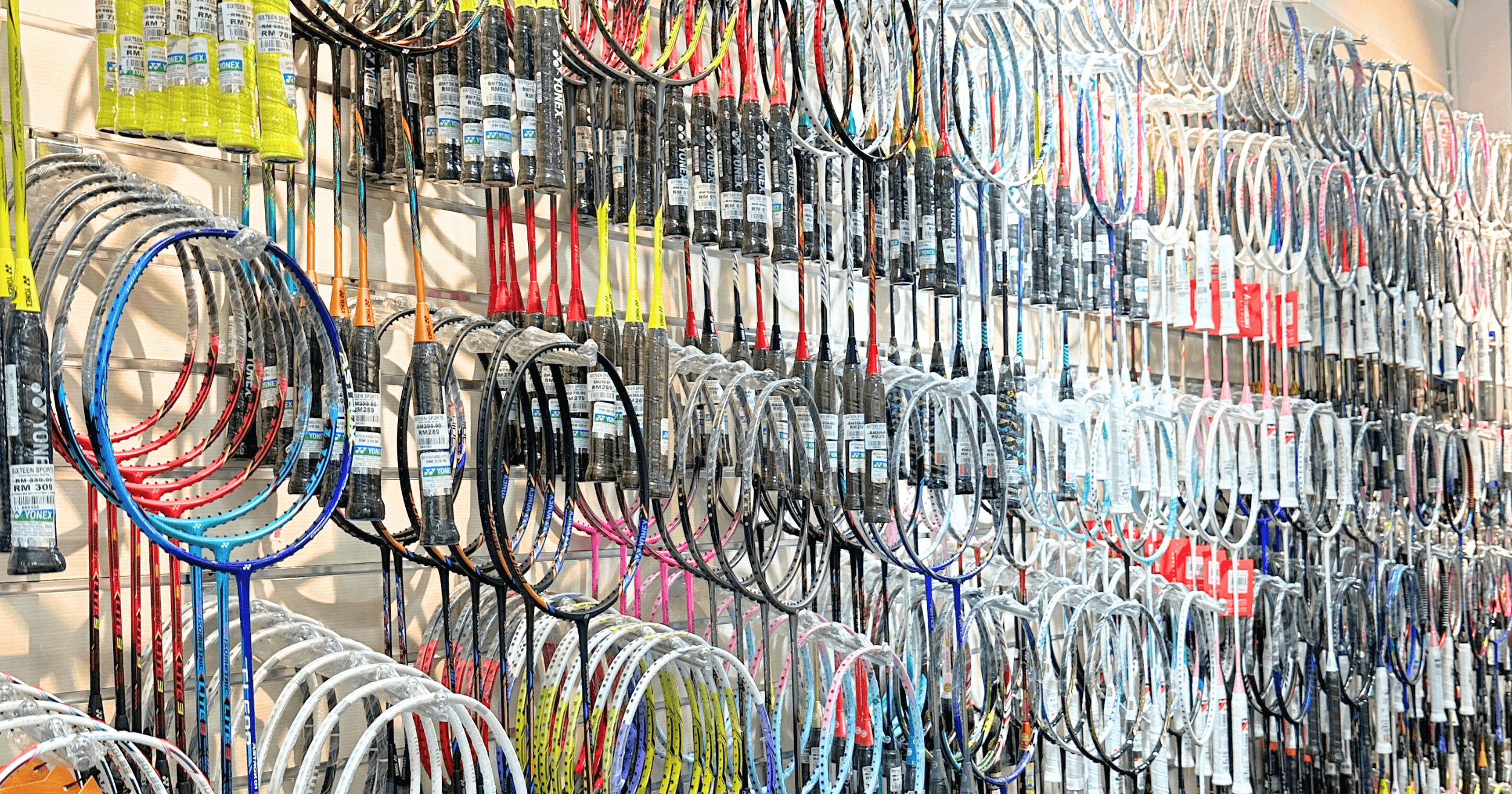 Badminton racquets for sale at a store in Malaysia
