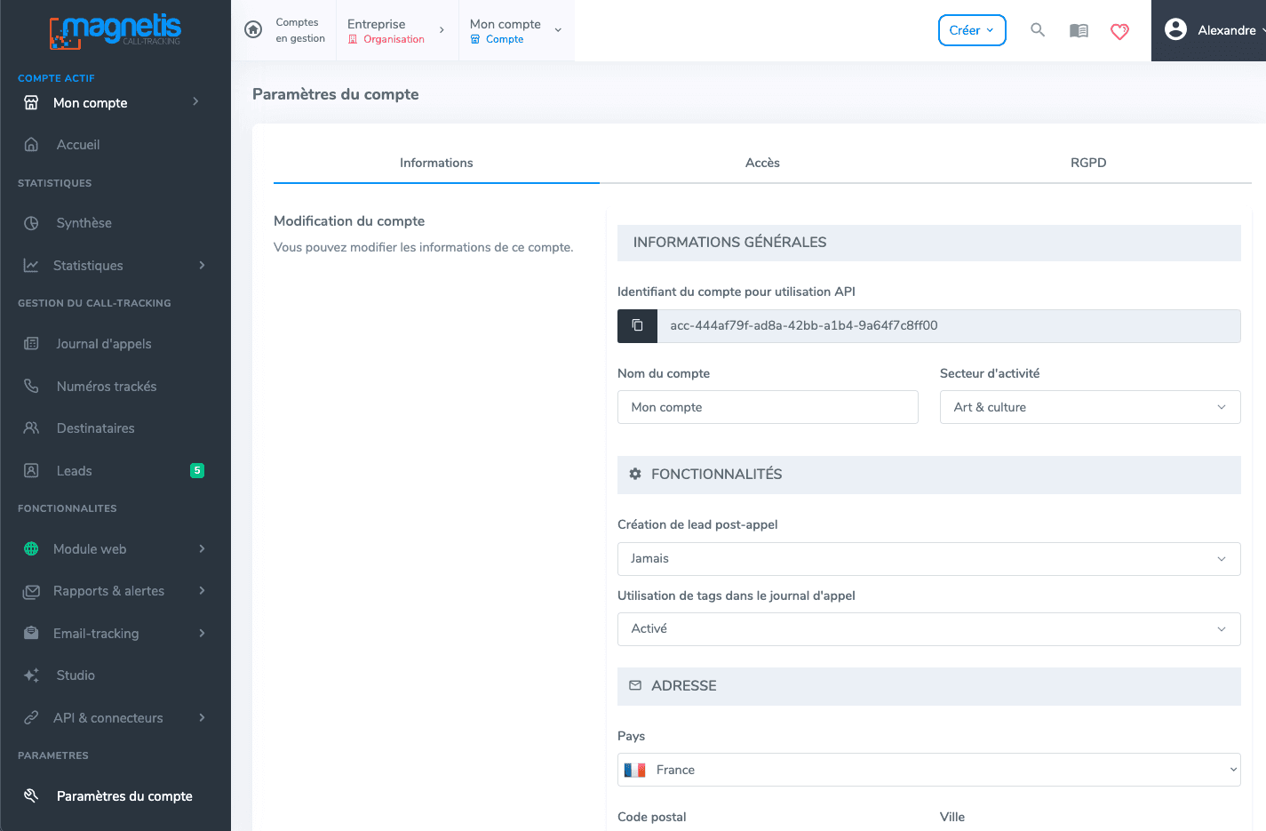 Activation des tags dans les paramètres Magnétis