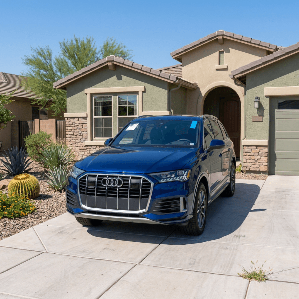 Dark blue Audi Q7 parked in front of a Buckeye residence after a mobile windshield replacement by Bang AutoGlass