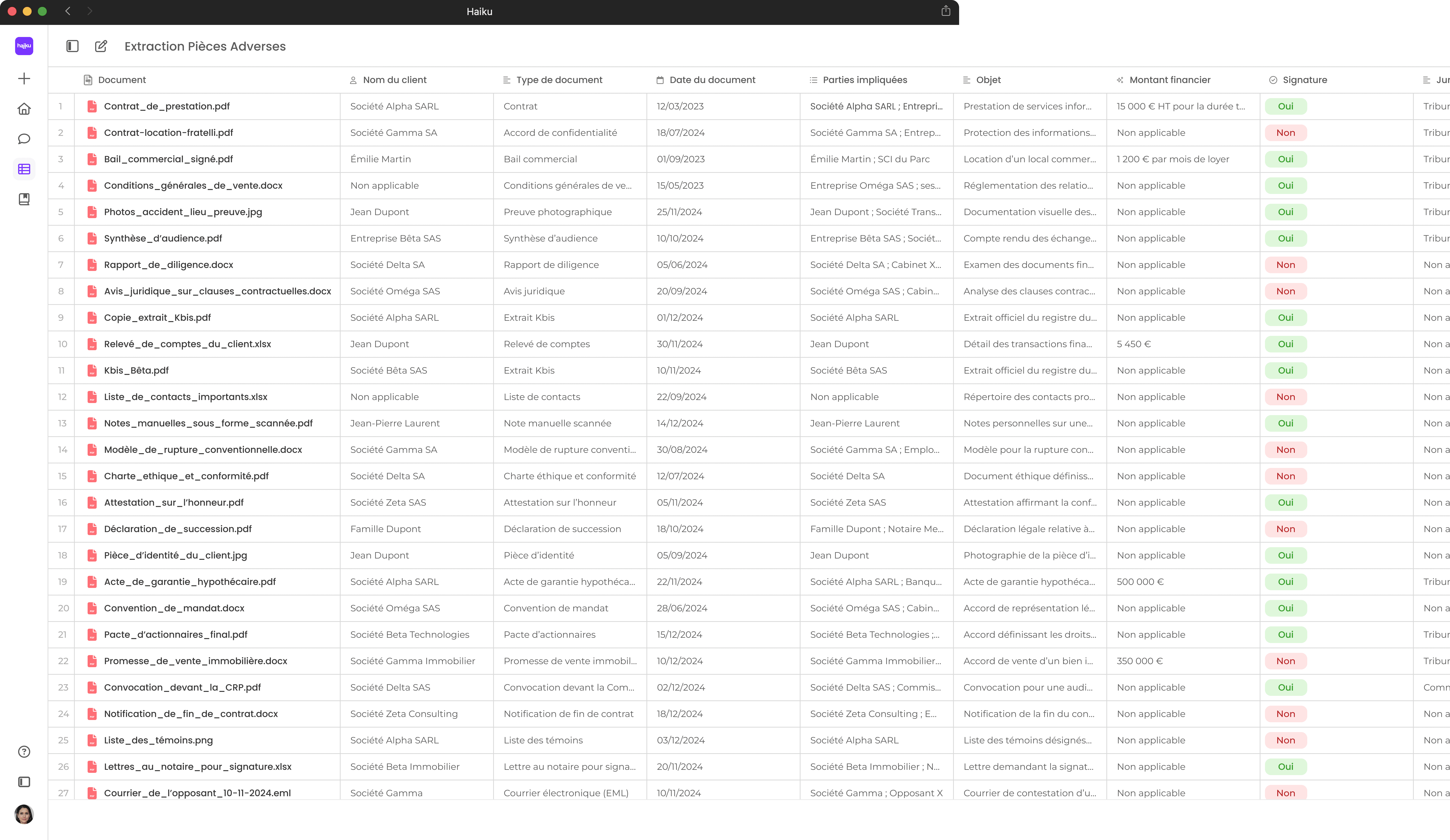 Haiku, IA juridique, automatise l’extraction et la gestion des documents légaux, contrats et pièces pour les avocats.