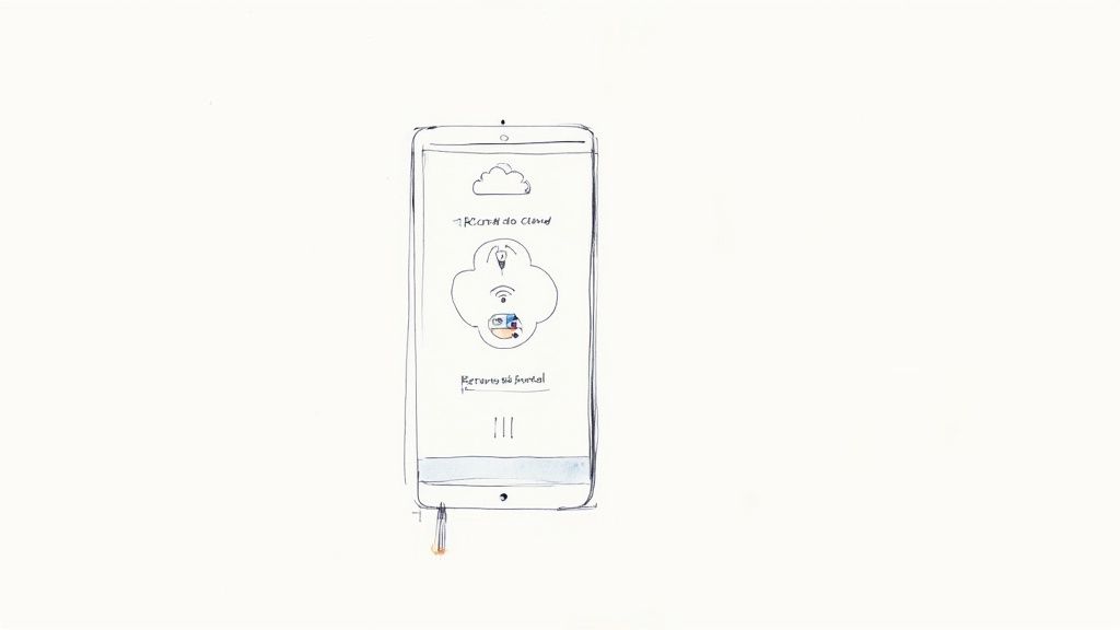 Sketch of a smartphone screen showing cloud data transfer and device connectivity via a plugged dongle.