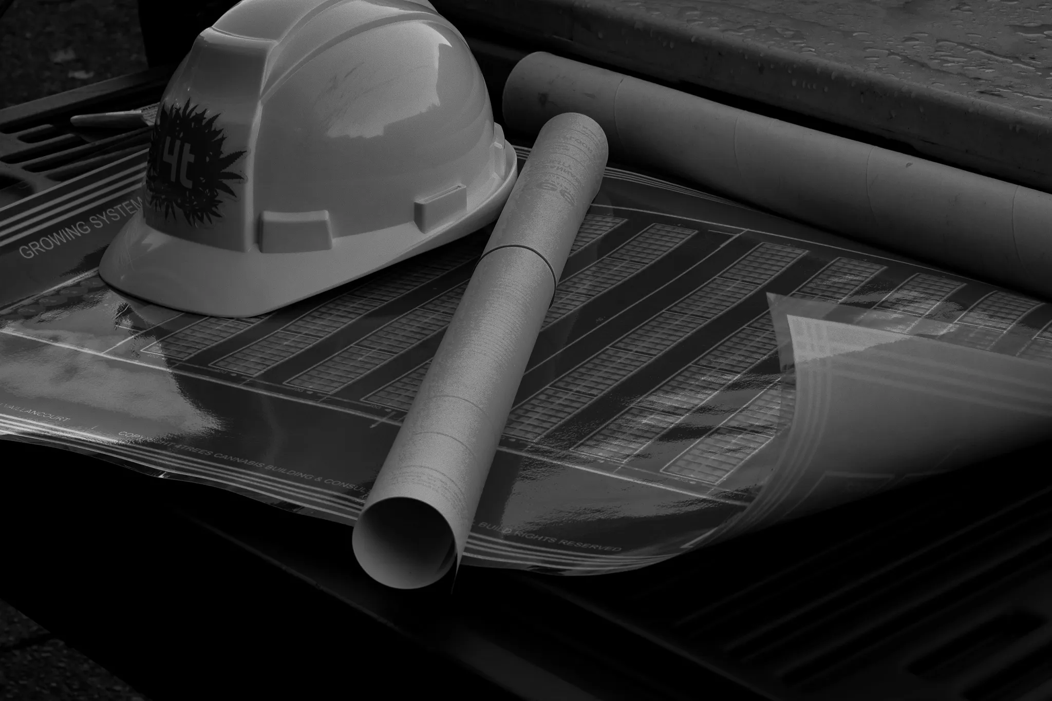 4trees hardhat on growing system blueprints sitting on a wet tailgate