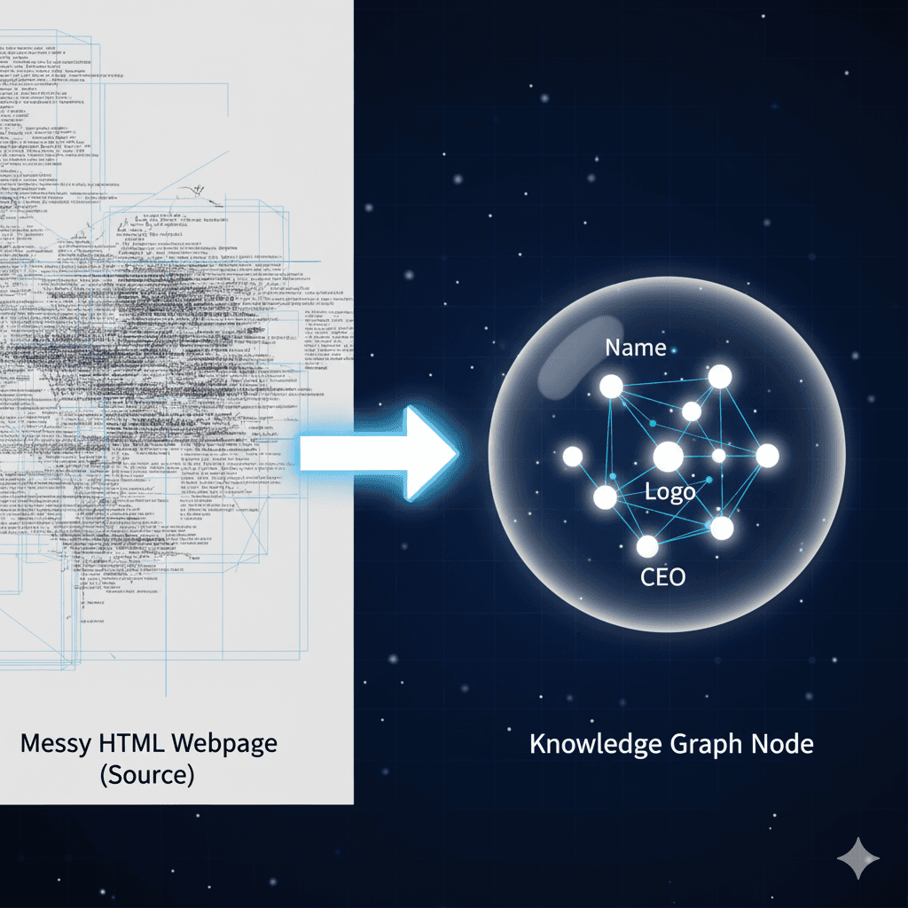 Diagram showing how messy HTML data is parsed into a clean Knowledge Graph Entity node using JSON-LD.