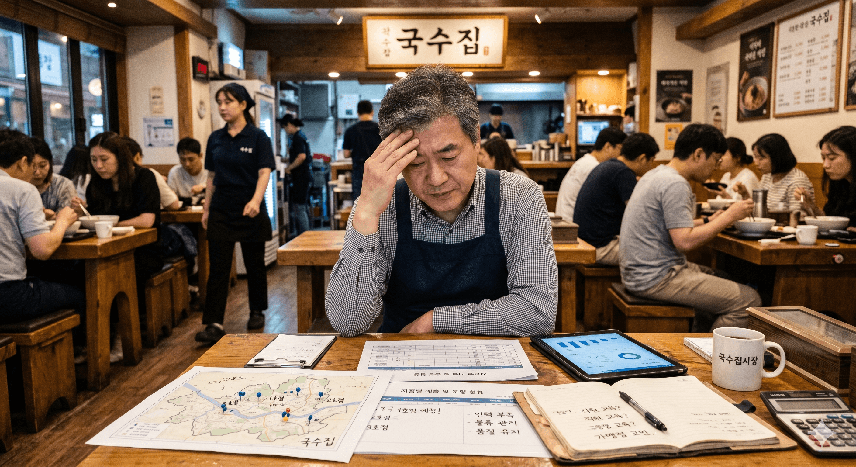 머리를 감싸 쥐고 고민하는 중년 남성 식당 운영자가 서류와 계산기가 놓인 테이블 앞에 앉아 있는 모습
