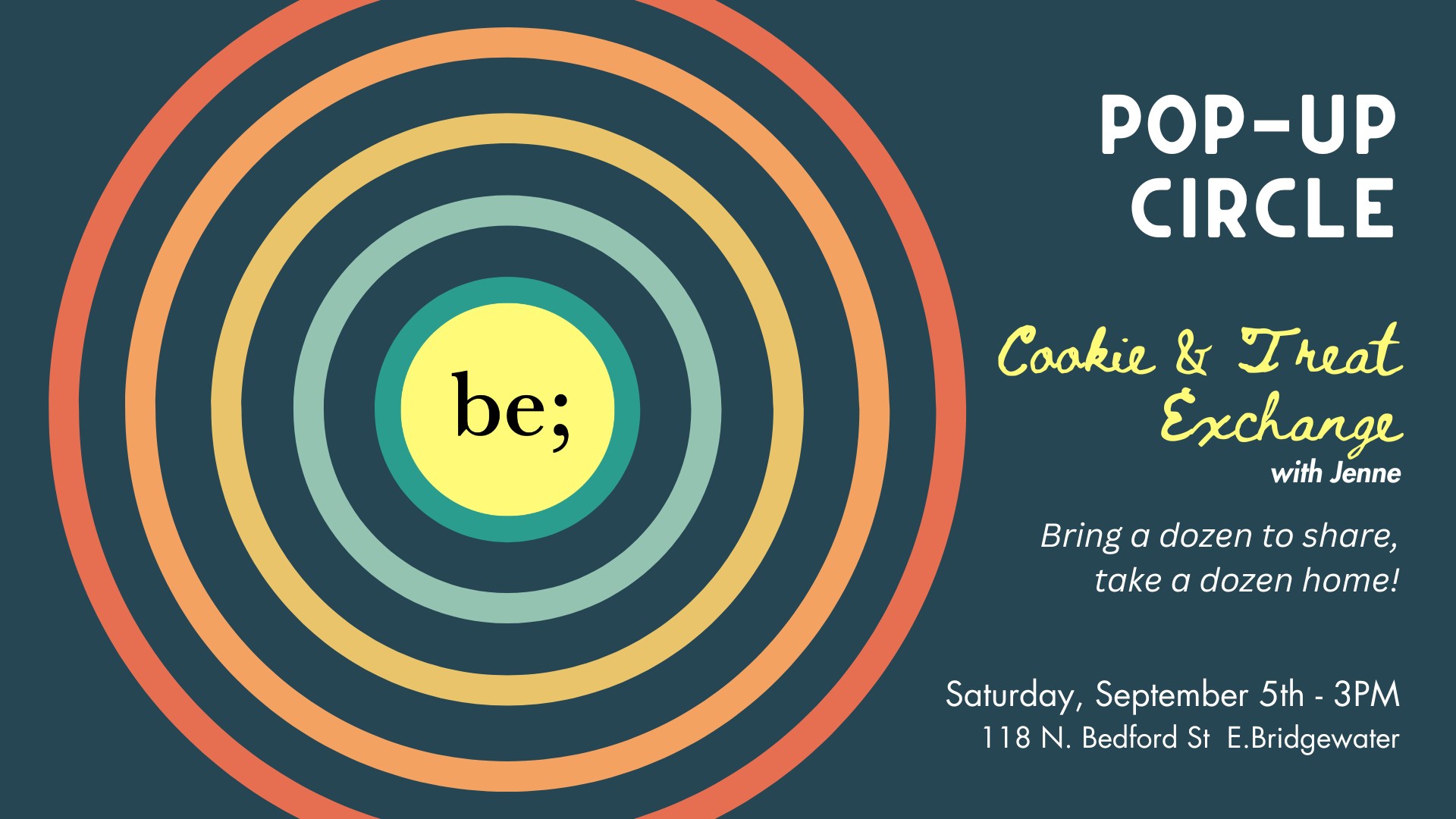 Pop-Up Circle flyer for the Cookie & Treat Exchange with Jenne at be; community in East Bridgewater, Saturday September 5, 2026 at 3 PM