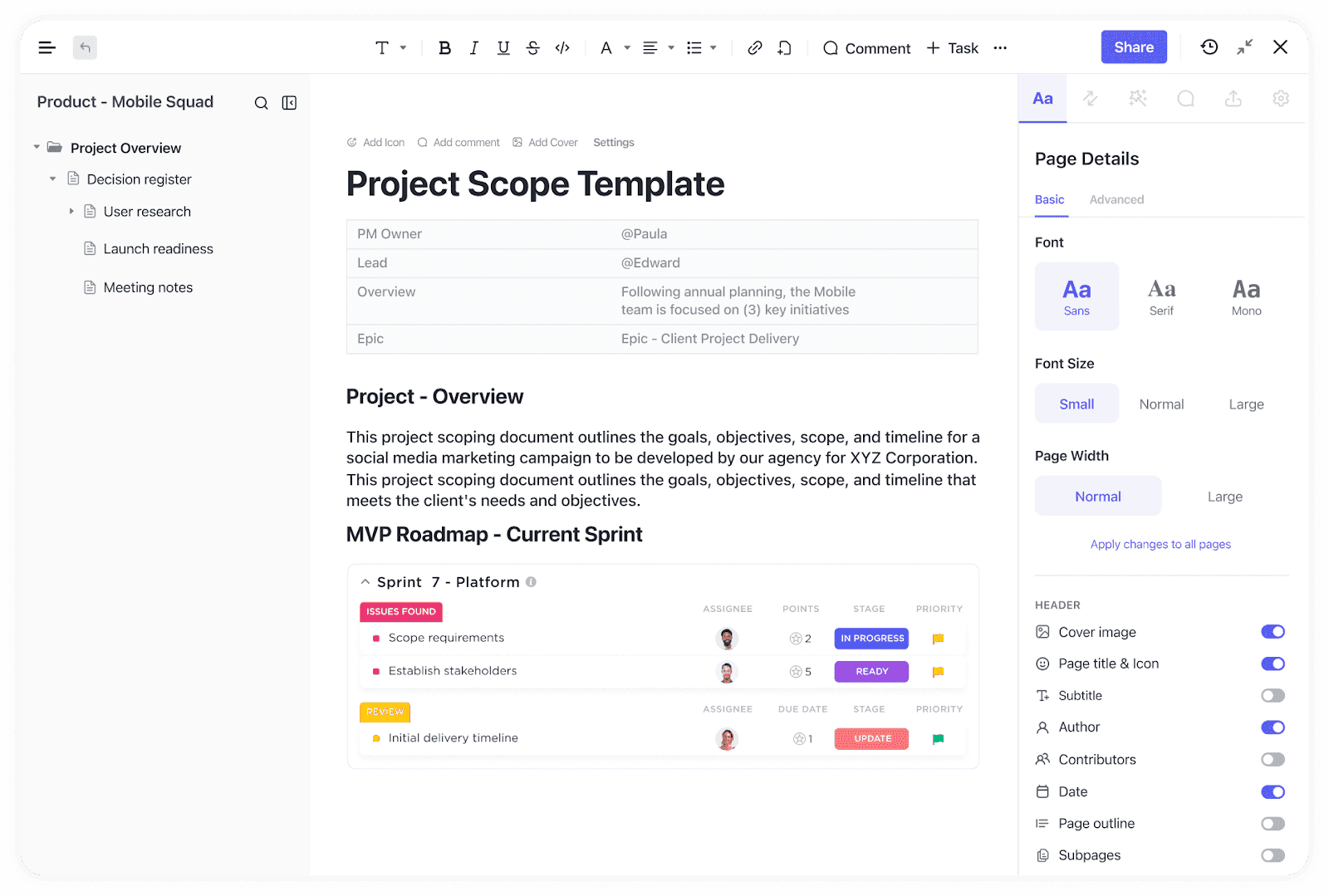 ClickUp with a project scope template page opened