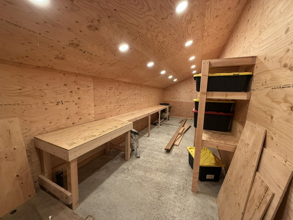 Custom shop shelving and worktables in Issaquah home
