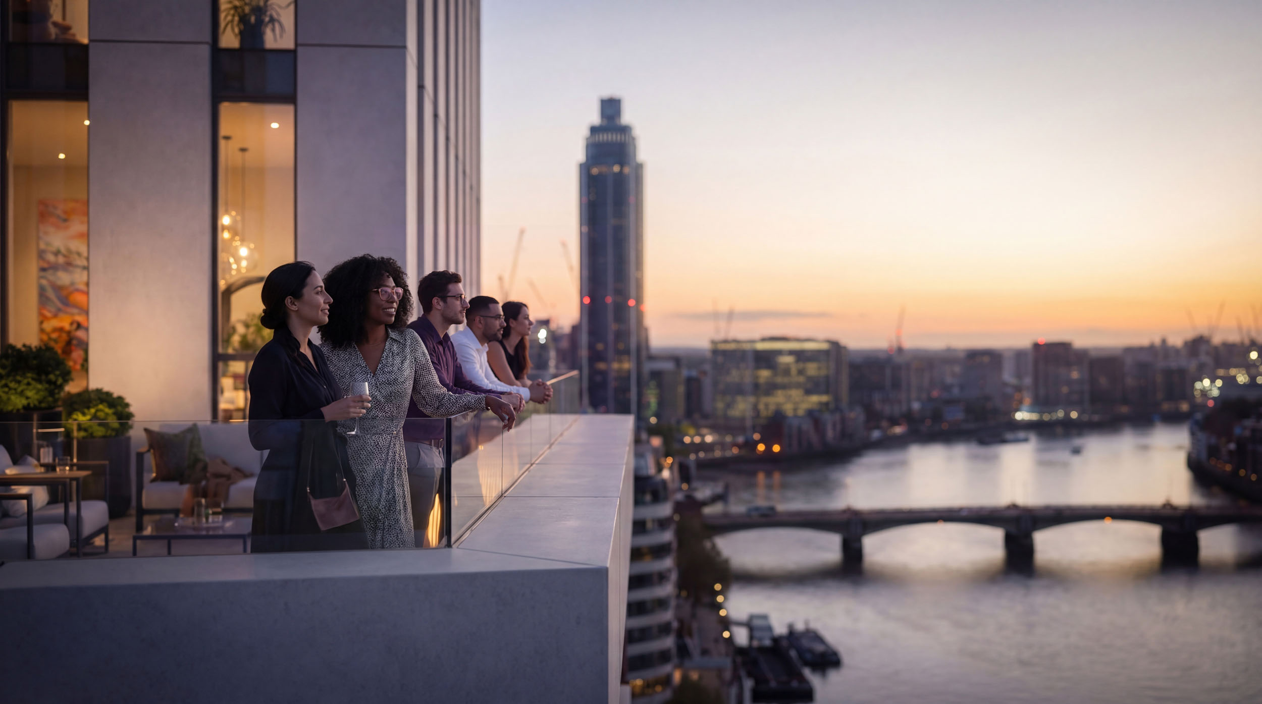 Architectural CGI render of people on a balcony overlooking cityscape at dusk.