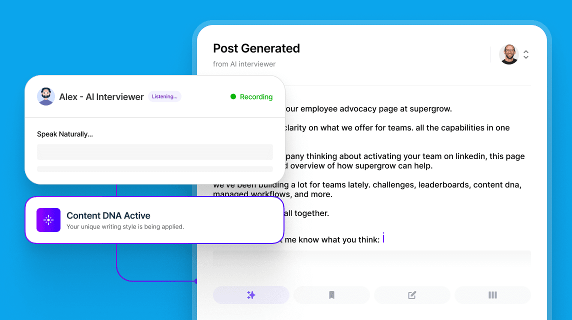 Supergrow AI post generator drafting a LinkedIn® post that matches the user's voice