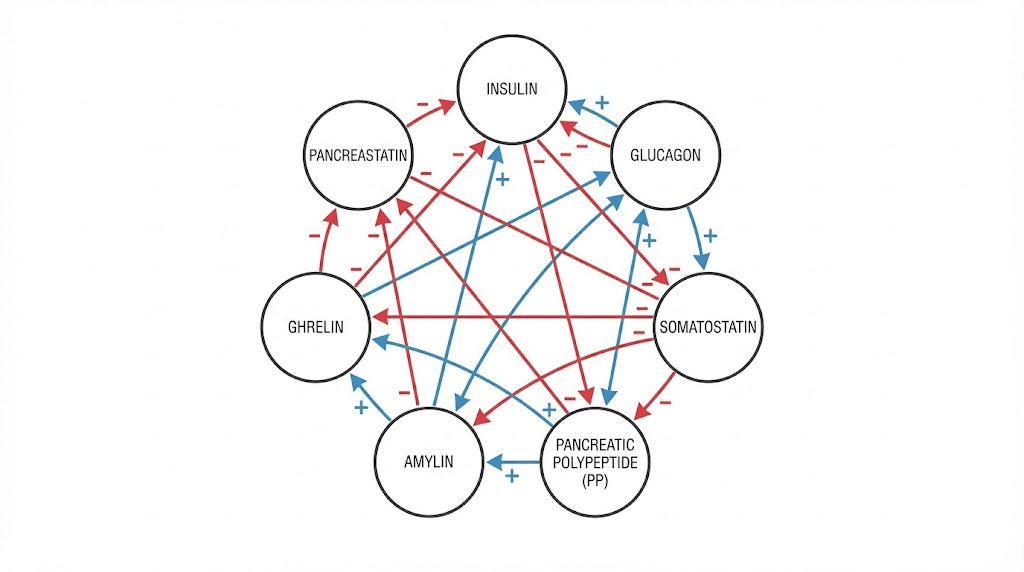 Pancreatic peptide hormone interaction network diagram