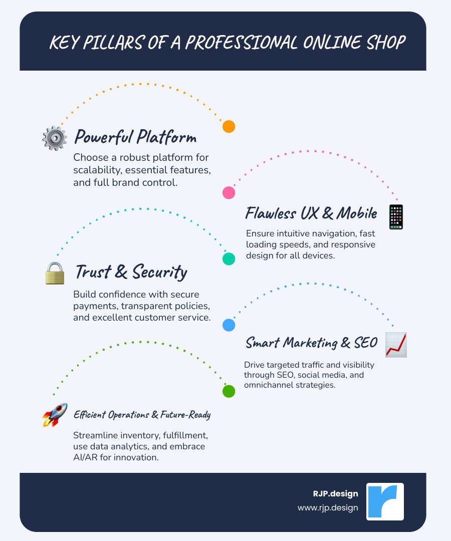 Infographic showing the six key pillars of a professional online shop: 1) Powerful Platform (featuring icons for Shopify, WordPress, and custom solutions with scalability indicators), 2) Flawless User Experience (displaying responsive design across mobile, tablet, and desktop devices), 3) Trust & Security (showing SSL certificate, secure payment gateway, and customer service icons), 4) Smart Marketing (illustrating SEO, social media, and email marketing channels converging on a store), 5) Efficient Operations (depicting inventory management, analytics dashboard, and fulfillment process), and 6) Future Trends (featuring AI, AR try-on, and voice commerce symbols). Each pillar is represented with clear visual icons and brief descriptive text, arranged in a circular or hexagonal layout with the professional online shop at the center. - professional online shop infographic infographic-line-5-steps-blues-accent_colors