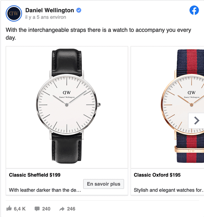 Publicité carrousel dynamique Daniel Wellington sur Facebook