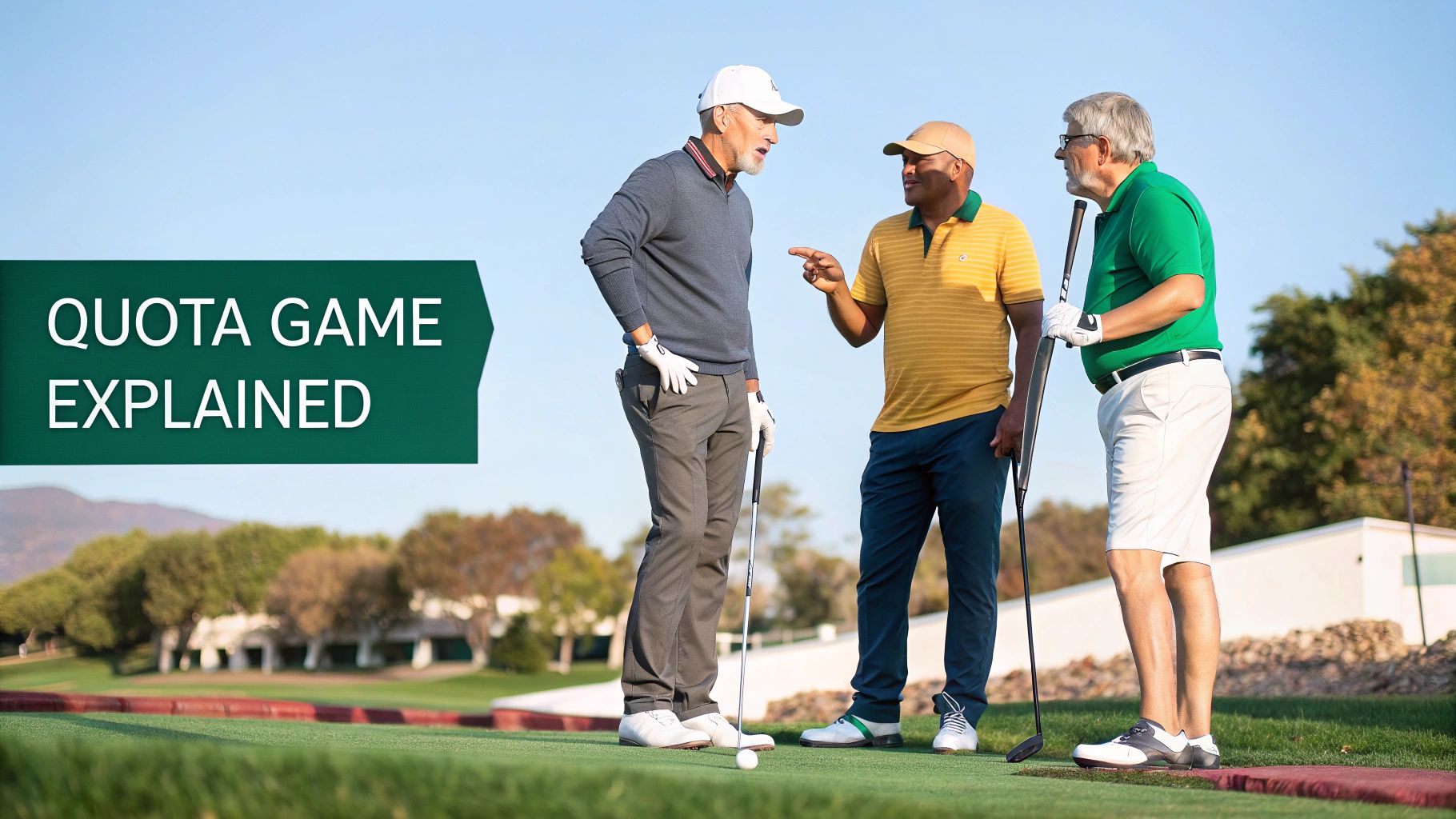 Three men on a golf course, two discussing, with 