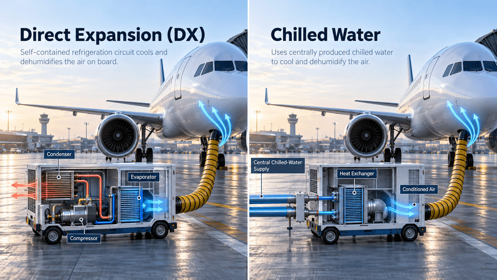 Direct expansion PCA compared with chilled-water PCA for aircraft ground air conditioning