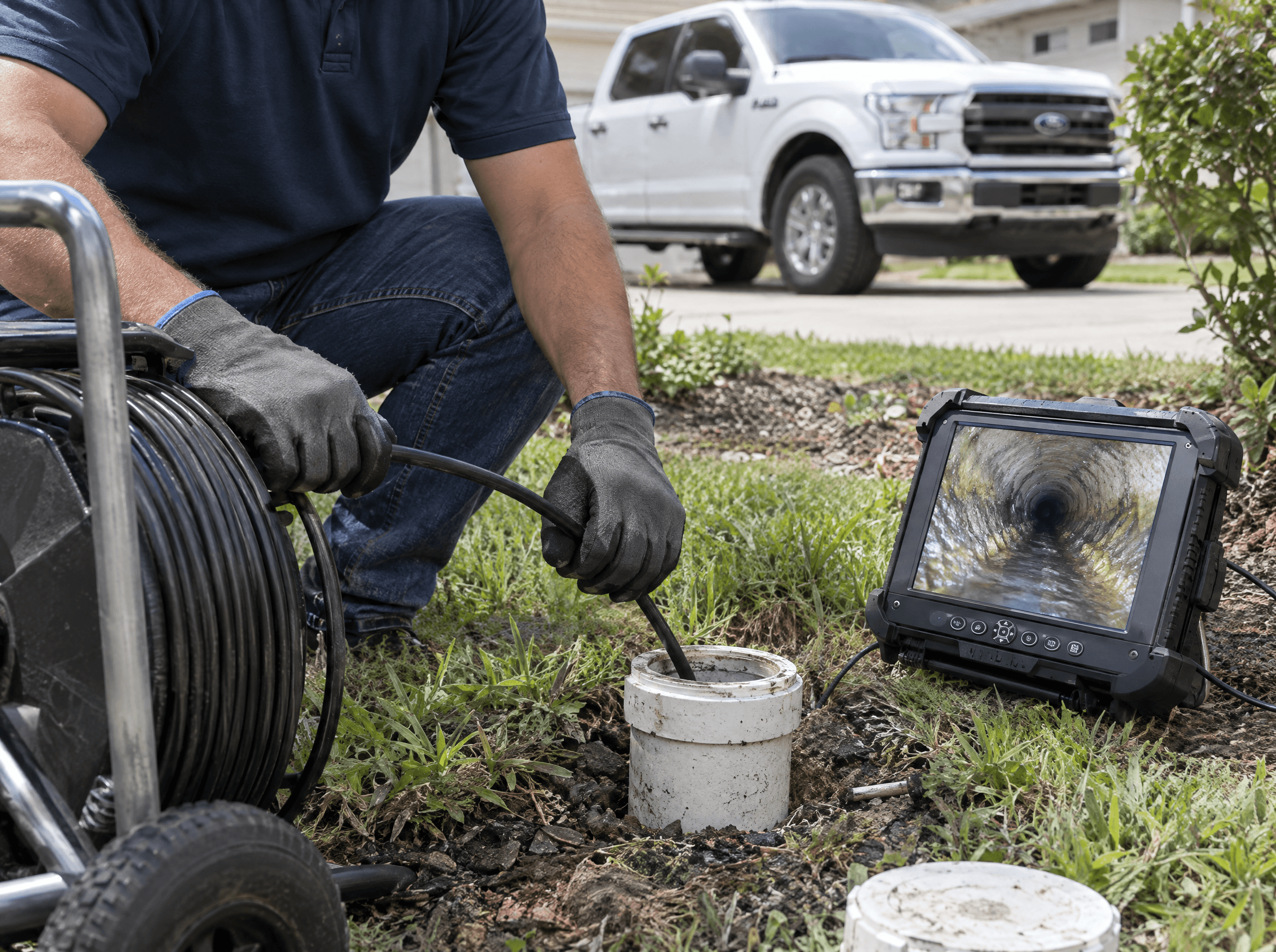Inspector feeding a sewer camera into a cleanout