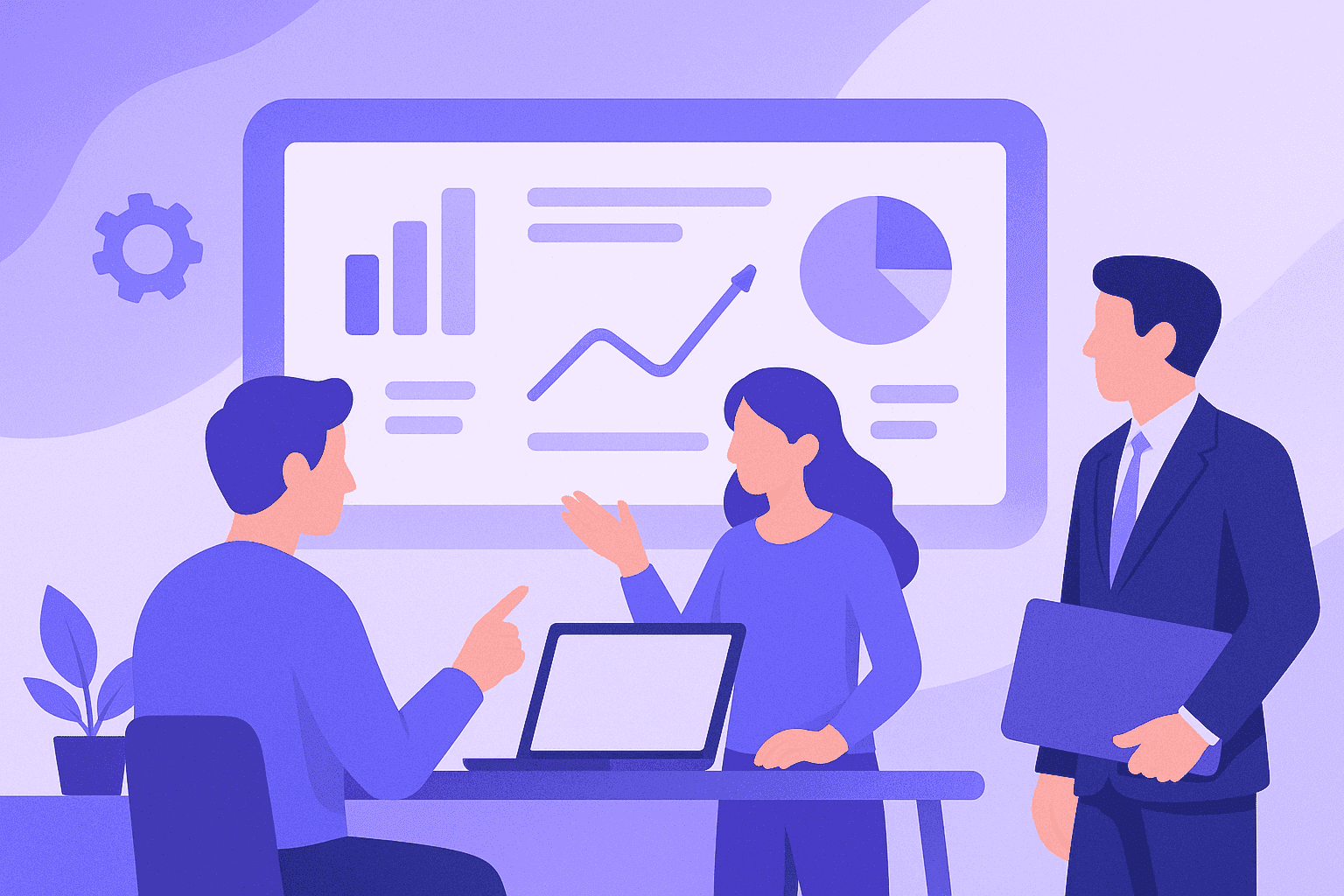 Flat-style illustration of a collaborative team reviewing productivity dashboards together in an office, symbolizing transparent performance monitoring.