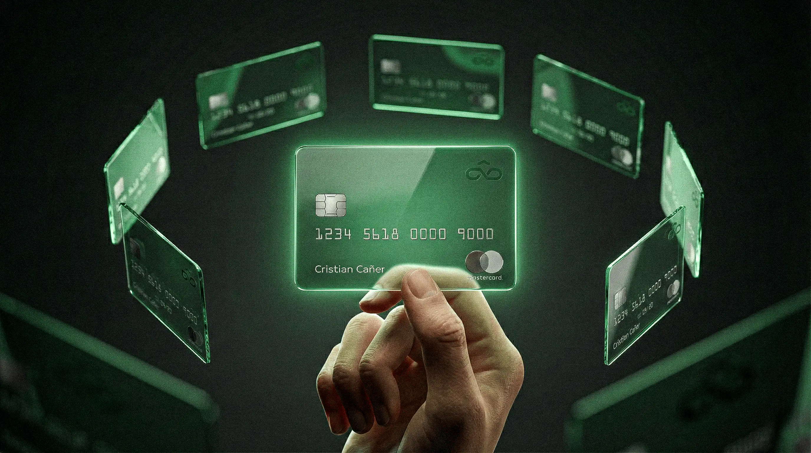 Tarjeta bancaria digital rodeada de métodos de pago, representando opciones de financiación e inversión internacional.