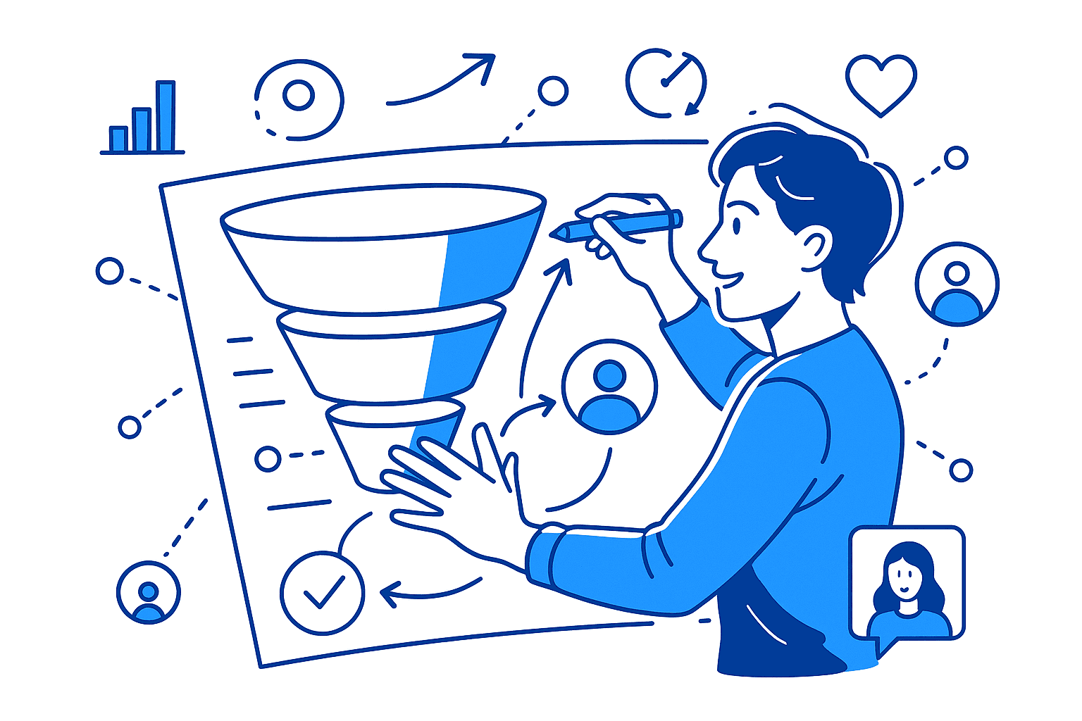 A person analyzing data on a digital screen, surrounded by icons representing statistics and processes.