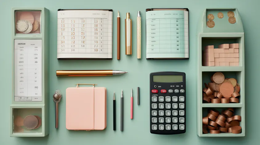 Pencils, pens, notebooks, and a calulator are laid flat on a green surface